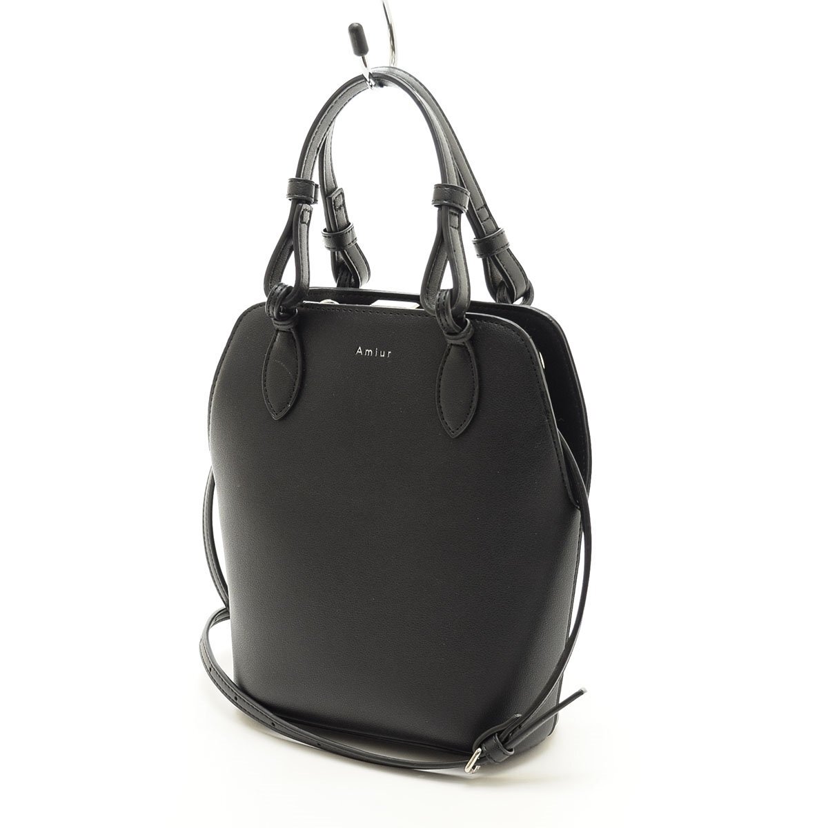 ◇545161 Amiur エミレ eim 2WAYがま口ハンドバッグ ショルダーバッグ ナローダブルハンドルバッグ レザー レディース ブラック拍卖