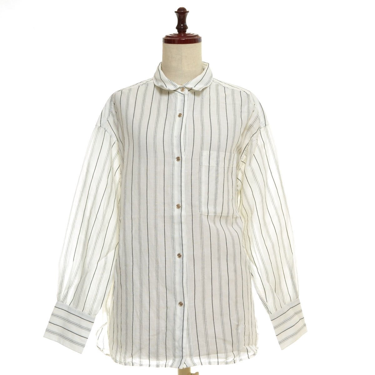 ◇556705 le.coeur blanc ルクールブラン ◆長袖シャツ コットン麻オーバーシャツ サイズ38 レディース ホワイト ストライプ拍卖