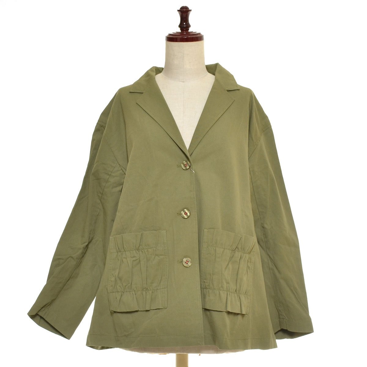 ◇560049 未使用品 PERSON'S パーソンズ ◇ギャザーポケット テーラードジャケット 3Bシングル サイズL レディース カーキ グリーン拍卖