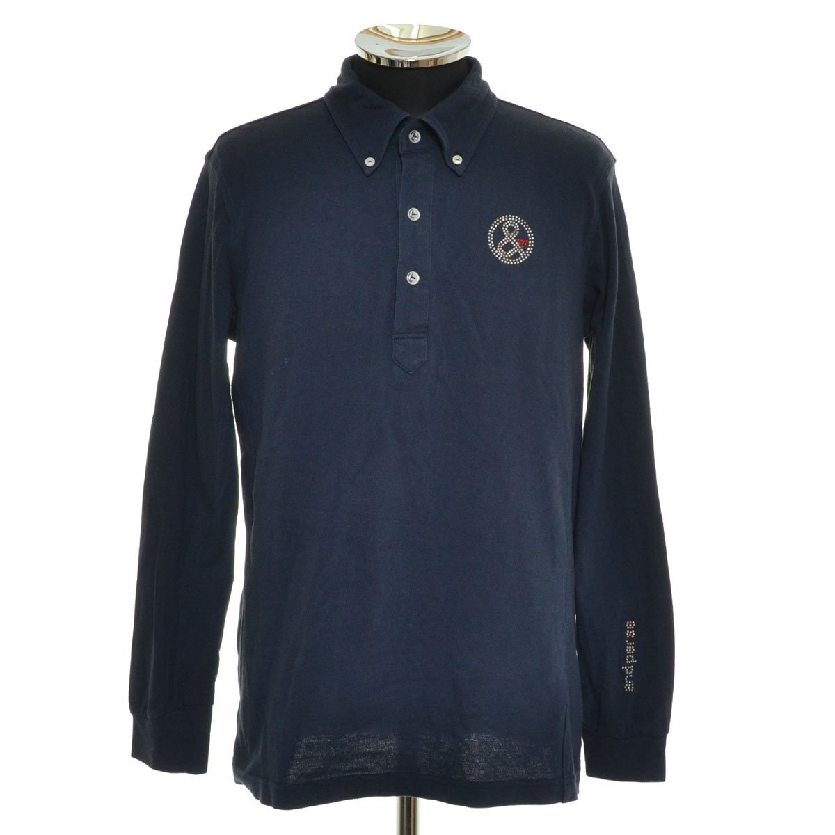 ◆565464 Black&White ブラックアンドホワイト ◇ポロシャツ 長袖 ラインストーン サイズL メンズ ネイビー拍卖
