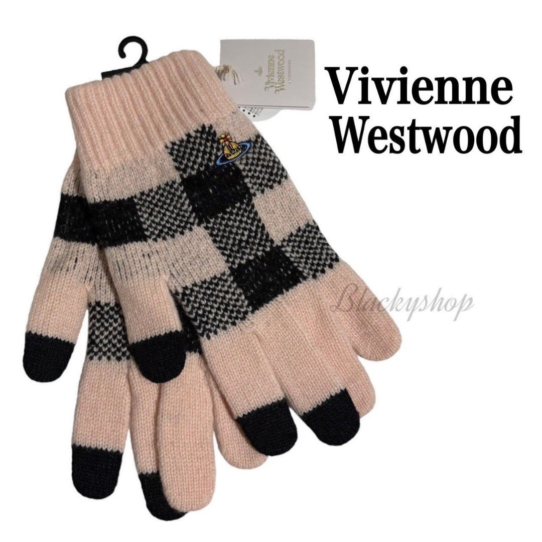 ヴィヴィアン ウエストウッド 手袋 ニット グローブ チェック 未使用 タグ付き ユニセックス ピンク × ブラック オーブ 刺繍 スマホ 対応拍卖