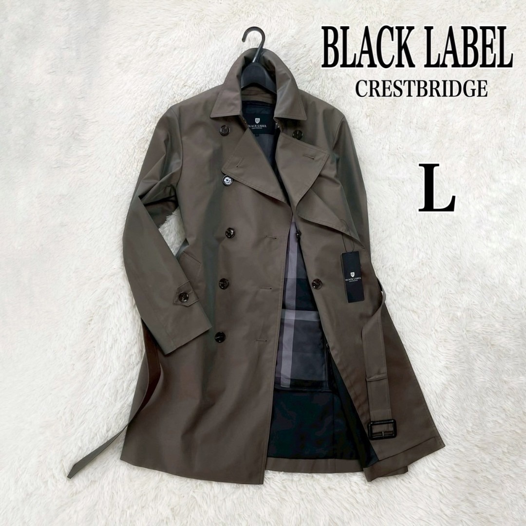 ブラックレーベル クレストブリッジ テクニカル ギャバジン ダブル トレンチ コート 未使用 タグ付き チェック カーキ L 玉虫色 ライナー拍卖