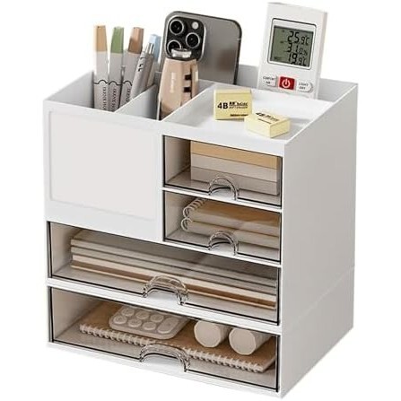VARMHUS デスクオーガナイザー 4引き出し付き ペン立て 8グリード分類 デスク収納ボックス 多機能卓上収納 組立不要 大容量 小物入れ 卓上拍卖