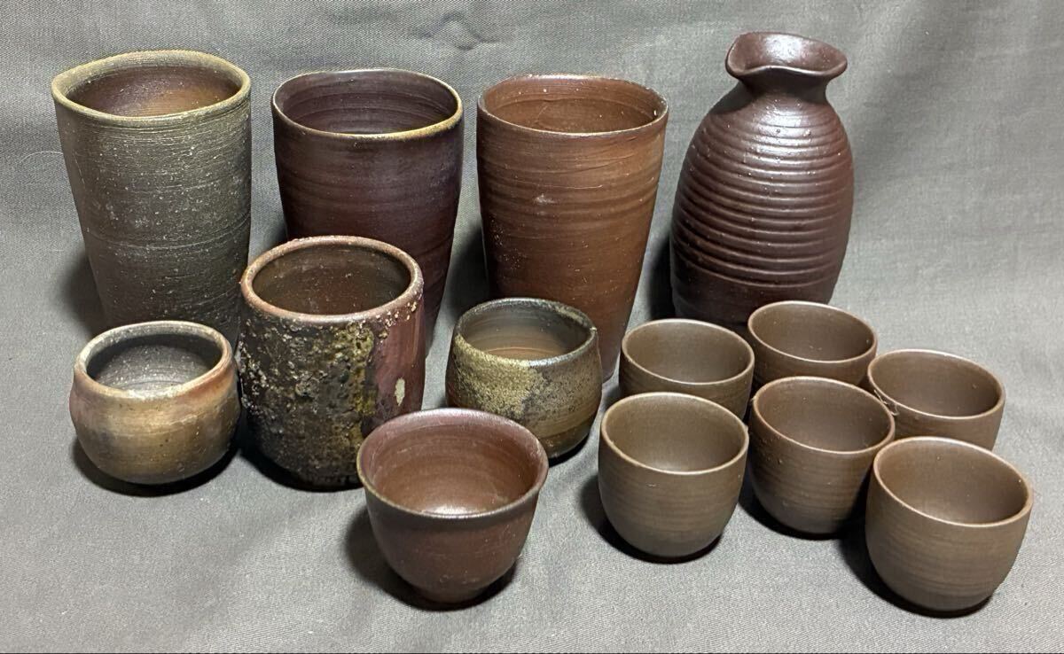 備前焼 陶器 徳利 焼き物 在銘 酒器 湯呑み まとめて 伝統工芸 アンティーク インテリア コレクション 拍卖