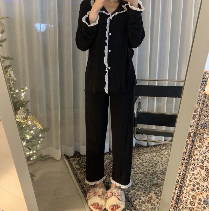 新品 ルームウェア パジャマ XL ブラック シンプル ナイトウェア シンプル 可愛い 長袖 長ズボン拍卖