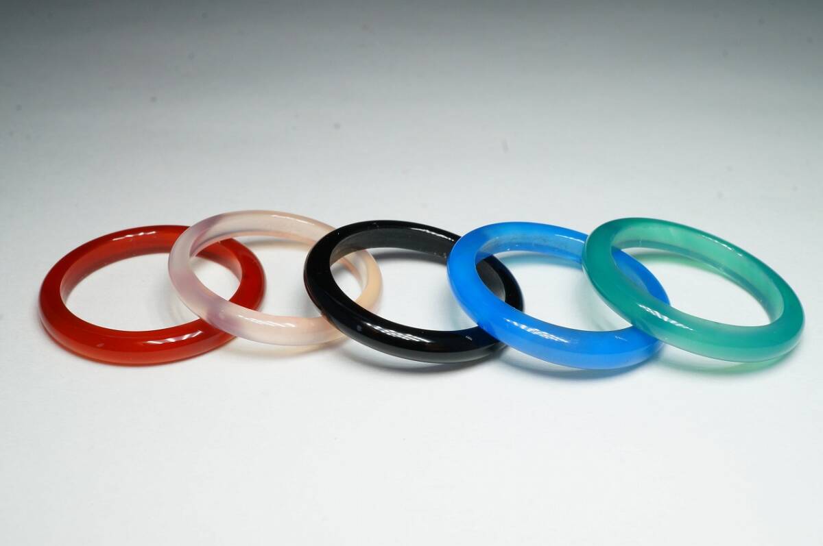 希少!原石を加工彫刻!極上アゲート瑪瑙メノウ、オニキス、ローズクォーツ彫刻研磨上質原石使用くりぬきリング【11号】 /5本セット拍卖