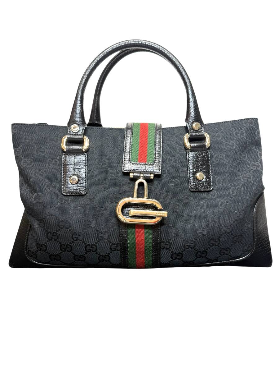 ●H7-11-90 GUCCI グッチ GGキャンパス シェリーライン ハンドバッグ レザー ブラック 黒 ゴールド金具 中古拍卖