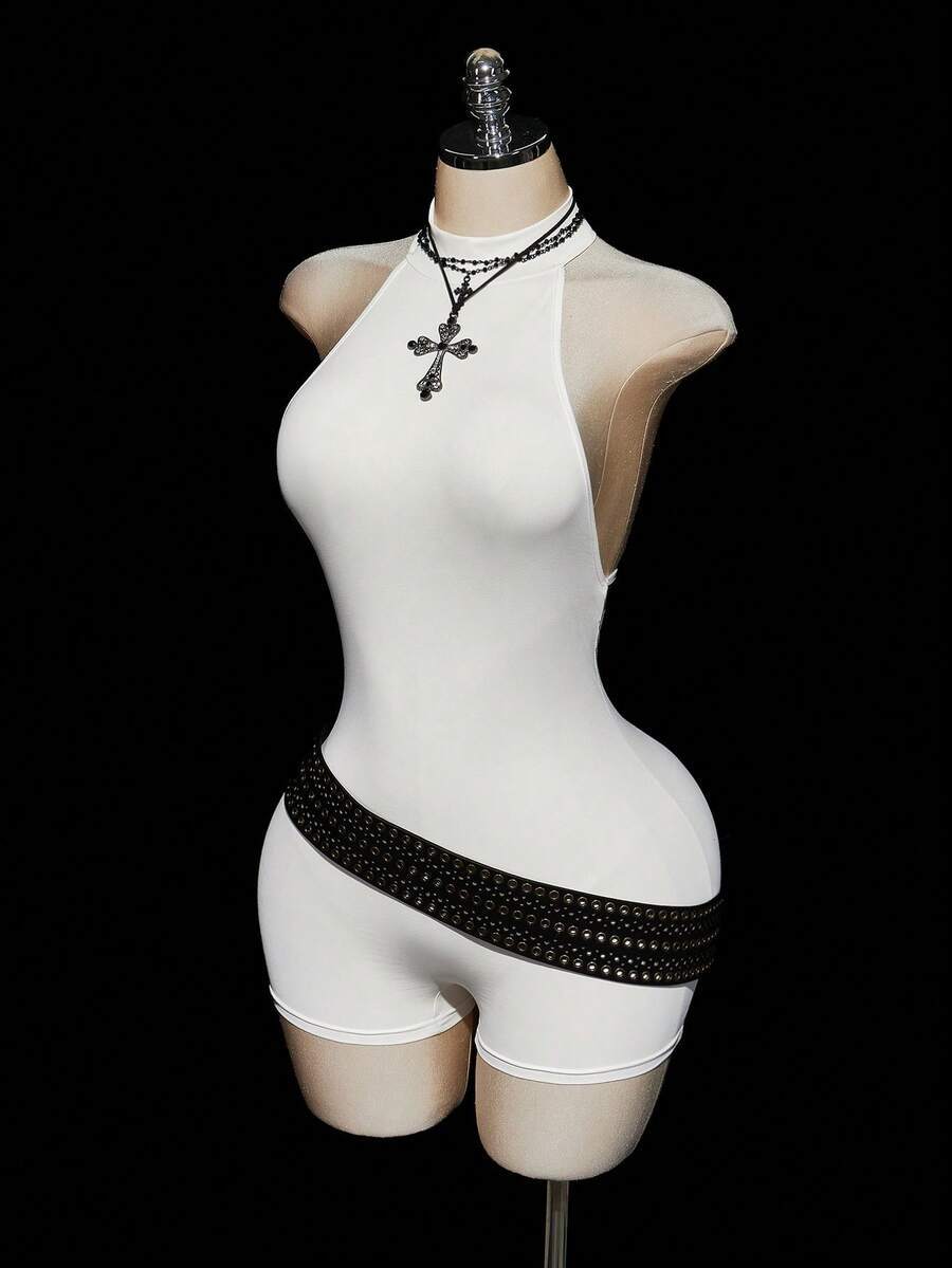 ボディスーツ 女性用セクシーなバックレスハルターネックロンパース ユニタード拍卖