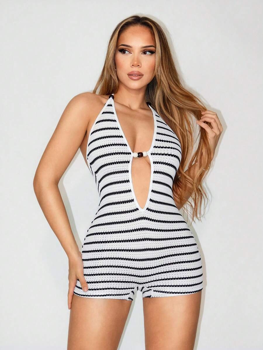 ボディスーツ 女性の夏セクシーバケーションスタイル ストライプ ホロー ネック バックレス ホルタージャンプスーツ拍卖