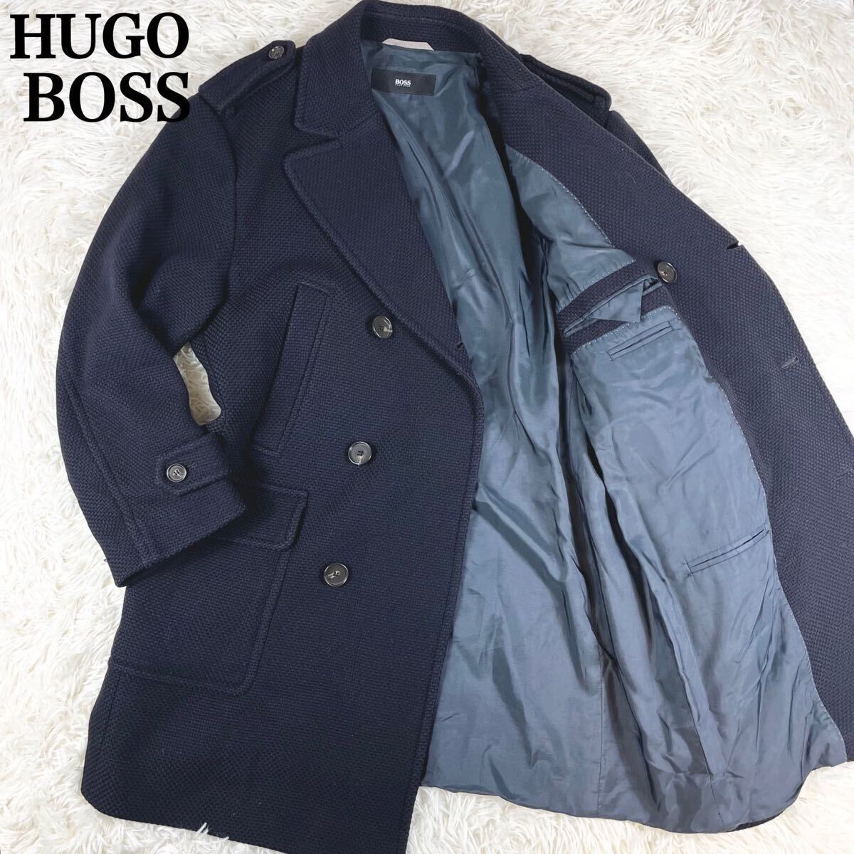 超希少XXLサイズ 厚手凹凸生地◎【 HUGO BOSS ヒューゴボス】ピーコート Pコート ネイビー 紺色 ダブル ジャケット ウール拍卖