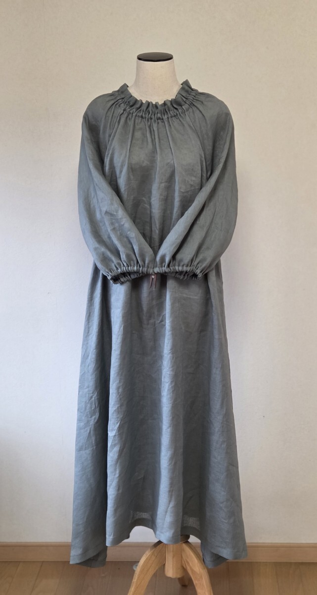 ★ハンドメイド★麻生地*微霜降り☆フリル襟のワンピース(山葵色拍卖