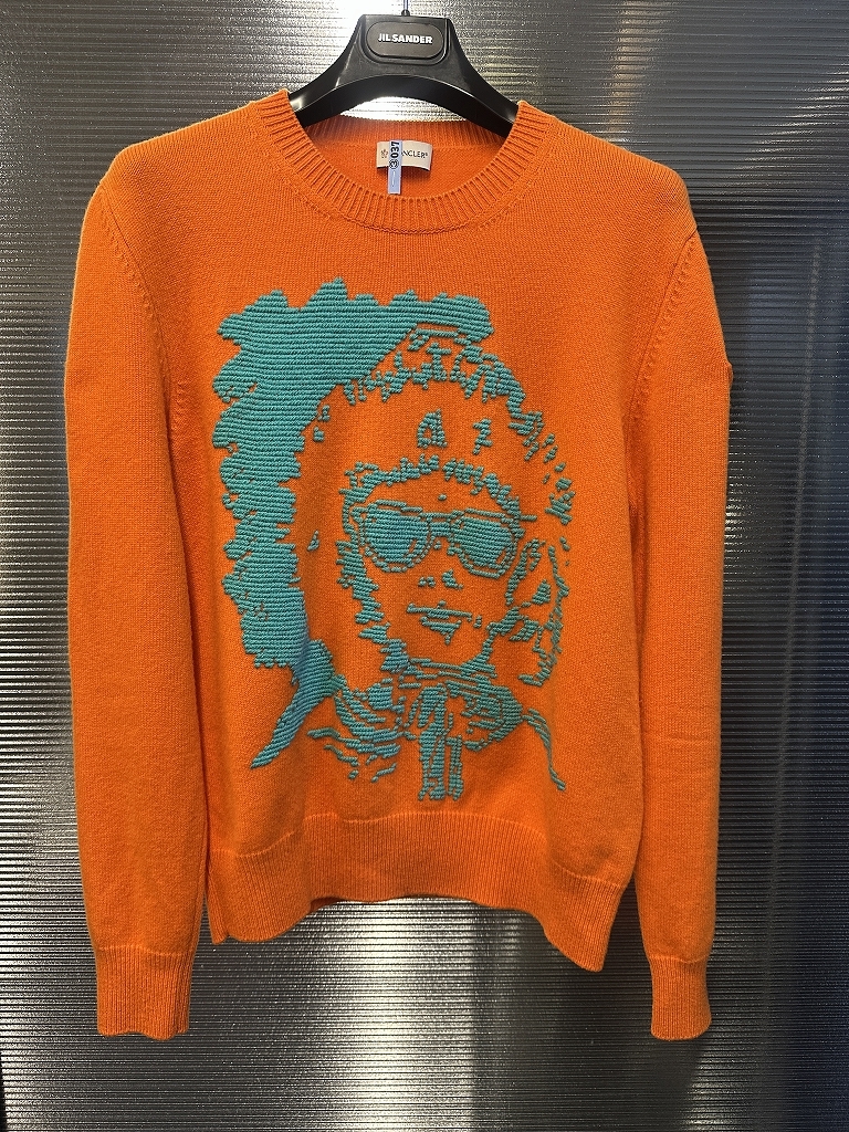 【MONCLER】モンクレール 人気グラフィックニットセーター カシミア混 オレンジ×ターコイズ/国内正規タグ・QRコード付 拍卖