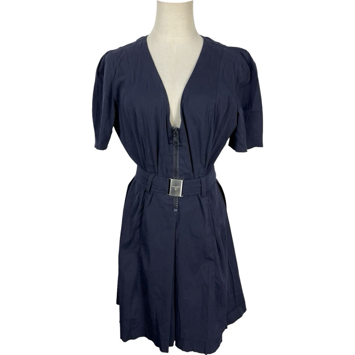 美品 vintage PRADA ヴィンテージ プラダ レディース ネイビー 半袖ワンピース ドレス Vネック拍卖