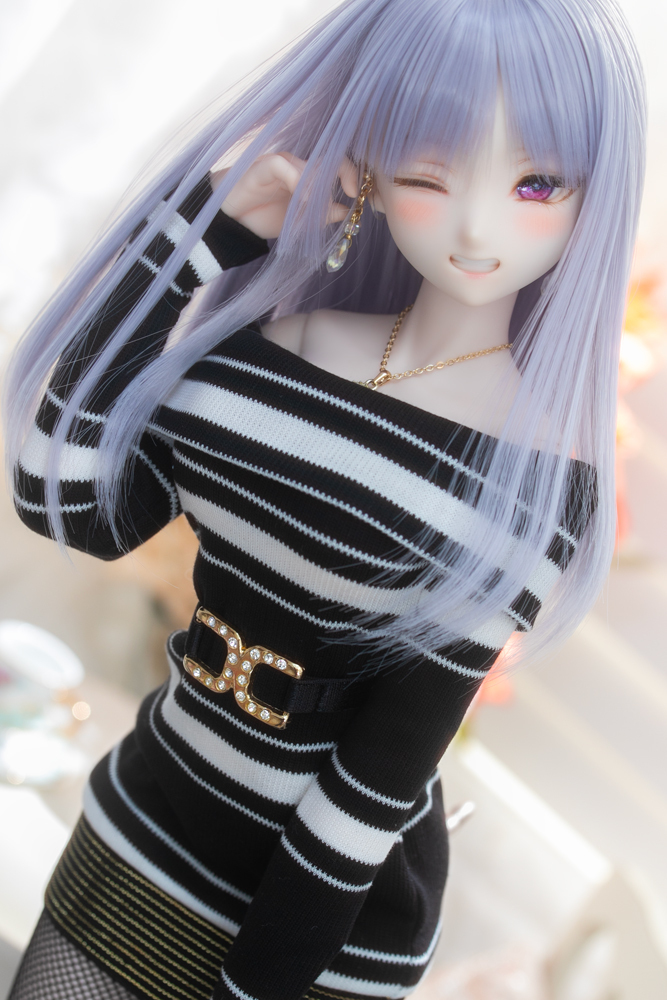 《個数3》【LMLcore】DD L胸/M胸サイズ ボーダーオフショルダーニットワンピース+ベルト+ネックレス 3点セット拍卖