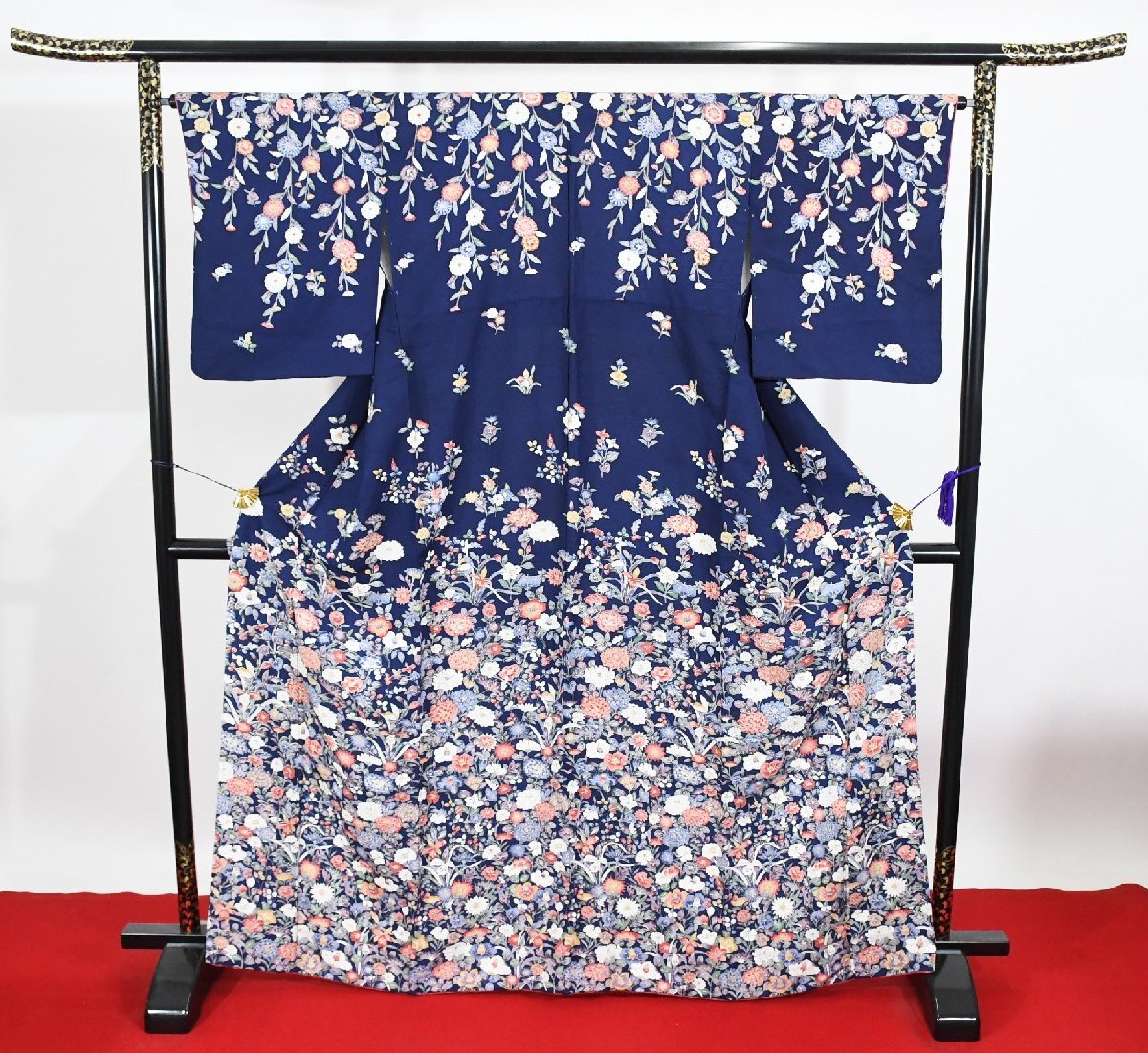 訪問着 着物 袷 花 紺 身丈159.5cm 裄丈65cm ★ kb-7251 桜庭呉服店拍卖
