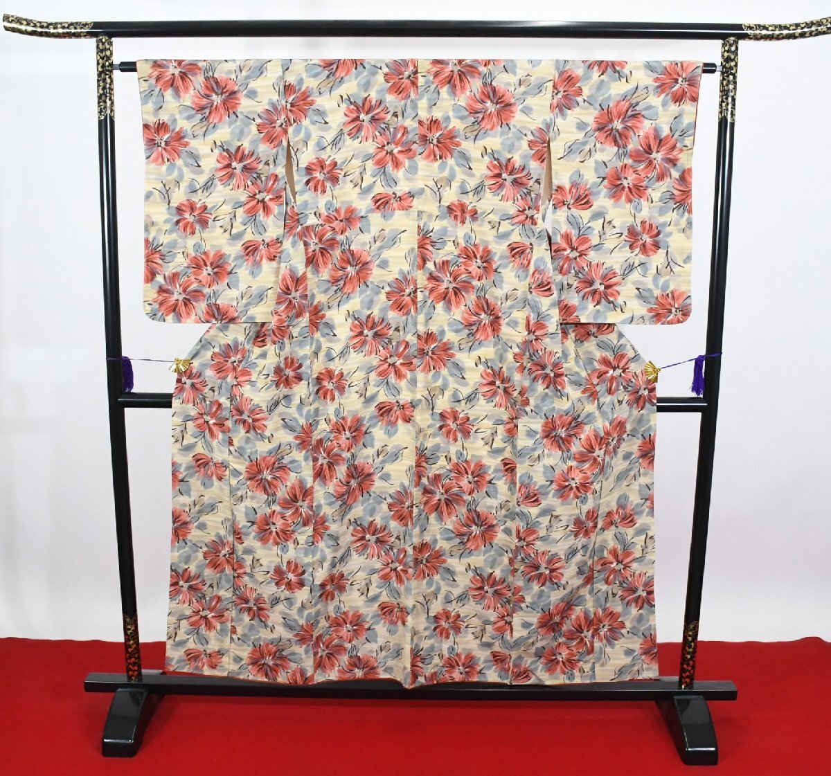 小紋 着物 袷 レトロ モダン 花 身丈149cm 裄丈63cm ★ kb-7527 桜庭呉服店拍卖
