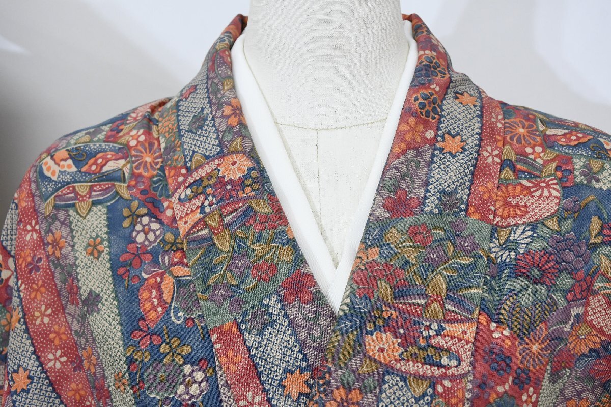 小紋 着物 袷 縞々 扇 華尽くし 身丈155 cm 裄丈65 cm ★ kb-7533 桜庭呉服店拍卖