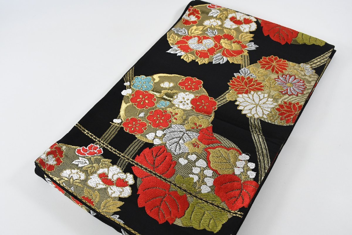 袋名古屋帯 六通柄 黒 花 帯丈402cm ★着物屋 ne-16545 桜庭呉服店拍卖