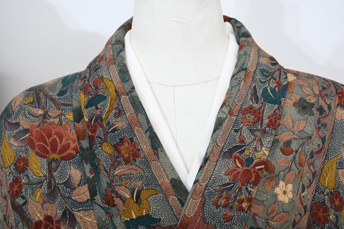 小紋 着物 袷 縮緬 ちりめん 更紗 縞絵柄 正絹 身丈154cm 裄丈65cm ★ kb-7507 桜庭呉服店拍卖