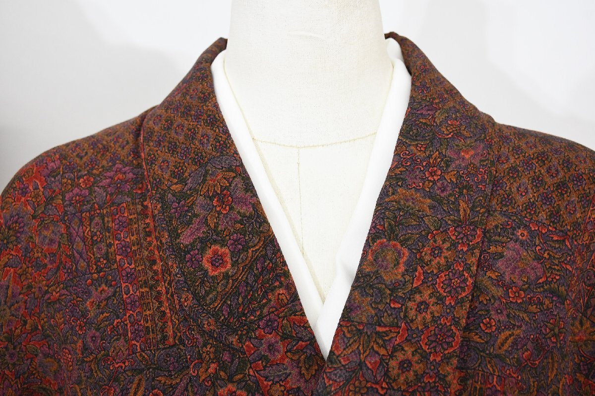 小紋 着物 袷 縮緬 更紗 割付 身丈155cm 裄丈63cm ★ kb-7485 桜庭呉服店拍卖