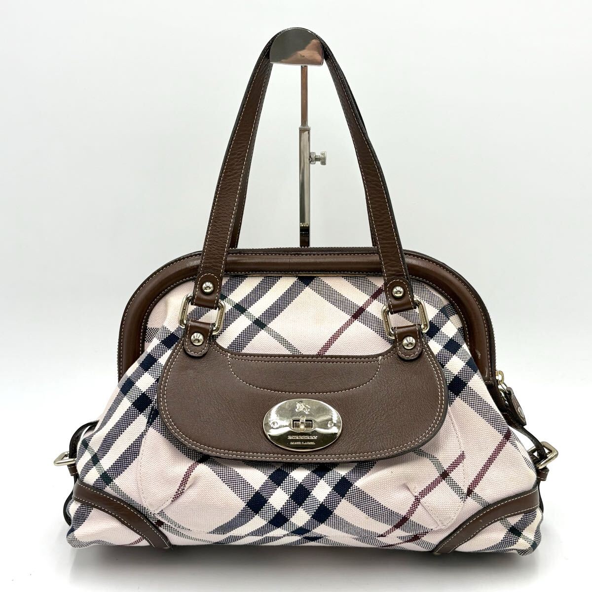 1円/極美品●BURBERRY BLUE LABEL バーバリーブルーレーベル チェック SV金具 ガマ口 ハンドバッグ トートバッグ バーバリー拍卖