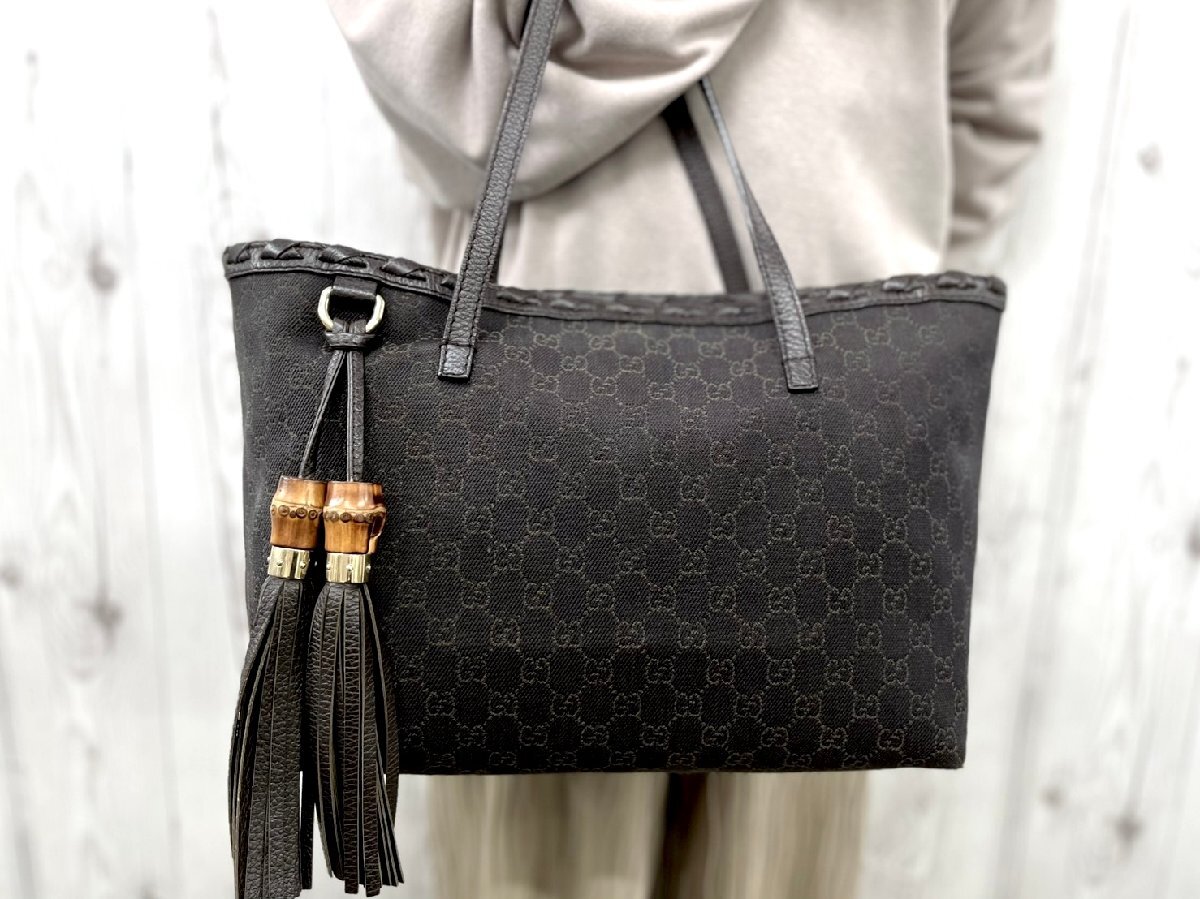 極美品 GUCCI グッチ GGキャンバス バンブー タッセル トートバッグ ショルダーバッグ バッグ キャンバス×レザー 茶 A4可 91262Y拍卖