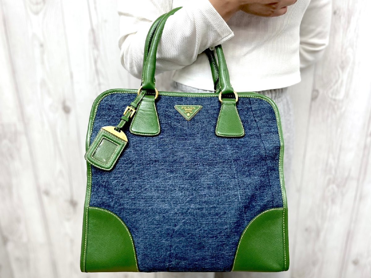 極美品 PRADA プラダ カード有 トートバッグ ハンドバッグ バッグ BN2254 デニム×サフィアーノレザー 青×緑 92621拍卖