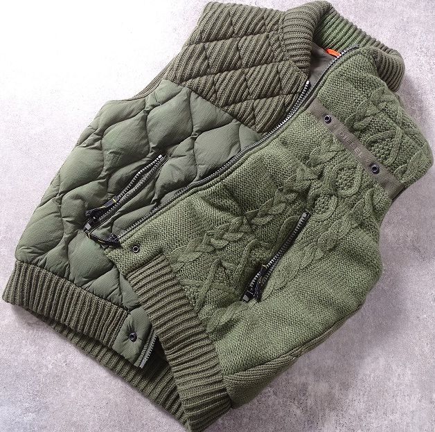 DIESEL ディーゼル ケーブル編み ニット 切替え キルティング ダウンベスト パッチワーク ロゴ ミリタリー ウール混 メンズ (XL) ●e-017拍卖