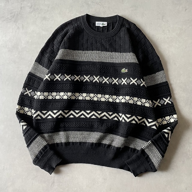 CHEMESE LACOSTE ラコステ 長袖 ワニ 刺繍 編柄 インターシャ ウール100% クルーネック ニット セーター メンズ(5) フレラコ 毛 黒 /e-061拍卖