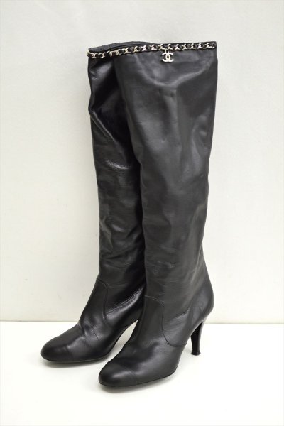 TE1●中古品●CHANEL シャネル G27250 ココマークチャーム チェーン レザーロングブーツ ブラック 36 1/2拍卖