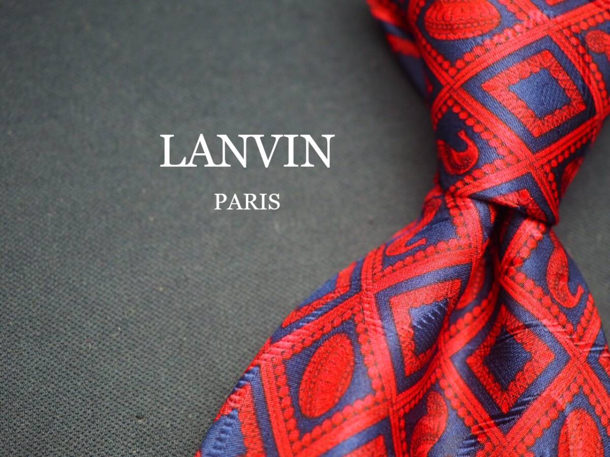 美品【LANVIN ランバン】 G1068 赤ネイビー系 SILK ブランド ネクタイ 古着 良品 転売 仕入拍卖