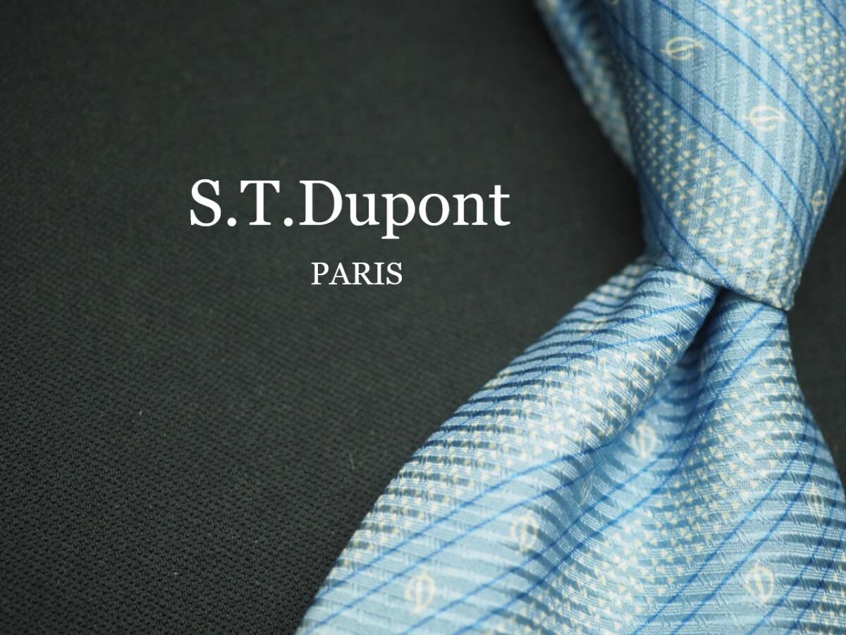 美品【S.T.Dupont デュポン】 G1120 ロゴ 水色系 SILK ブランド ネクタイ 古着 良品 転売 仕入拍卖
