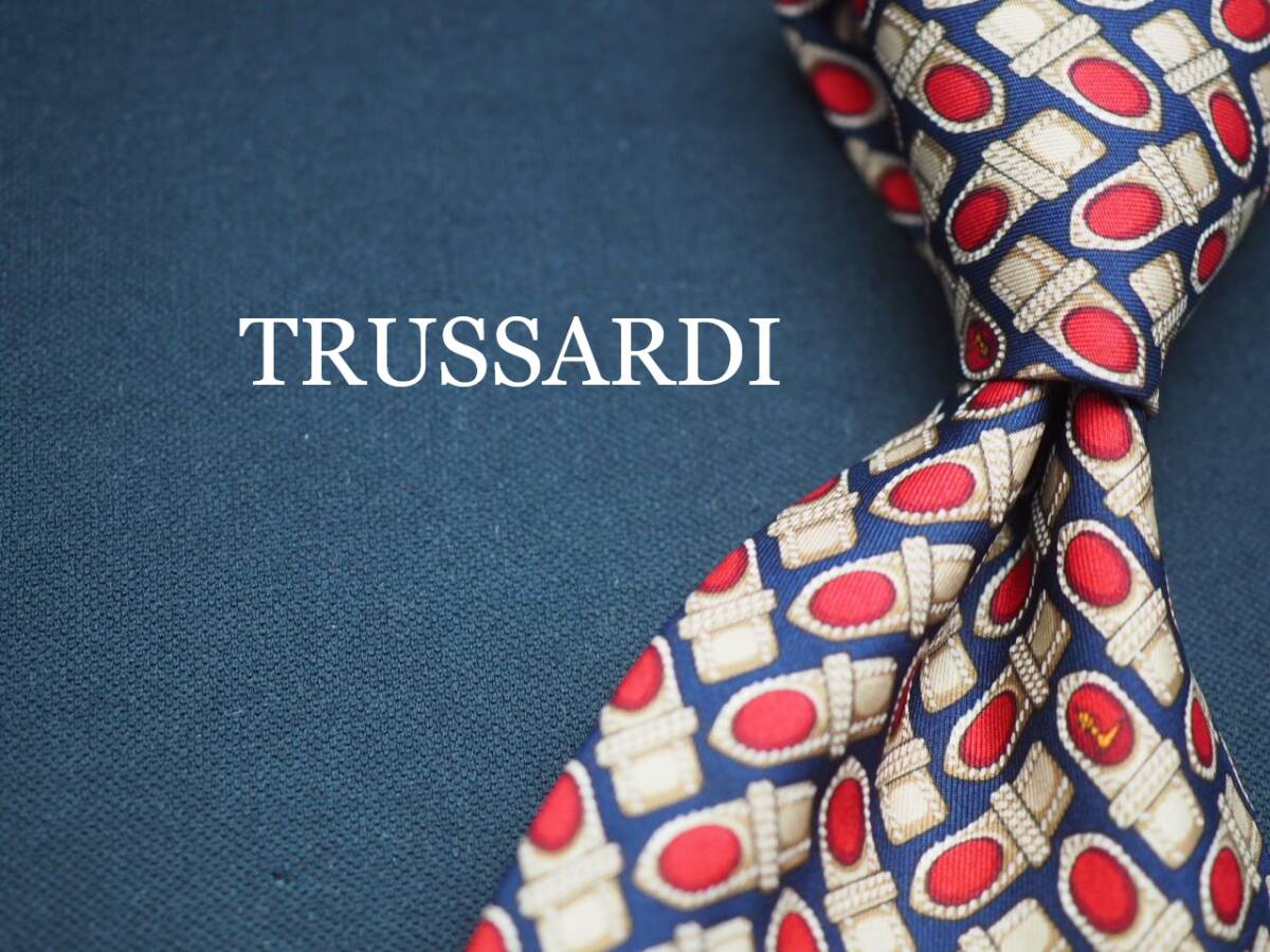 美品【TRUSSARDI トラサルディ】 G1292 ネイビー赤ベージュ系 SILK ブランド ネクタイ 古着 良品 転売 仕入拍卖