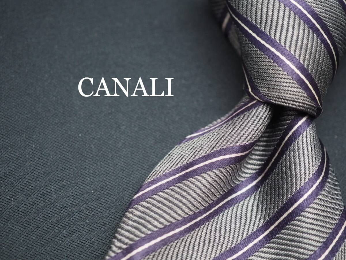 【CANALI カナーリ】 G1602 グレー パープル SILK ブランド ネクタイ 古着 良品 転売 仕入拍卖