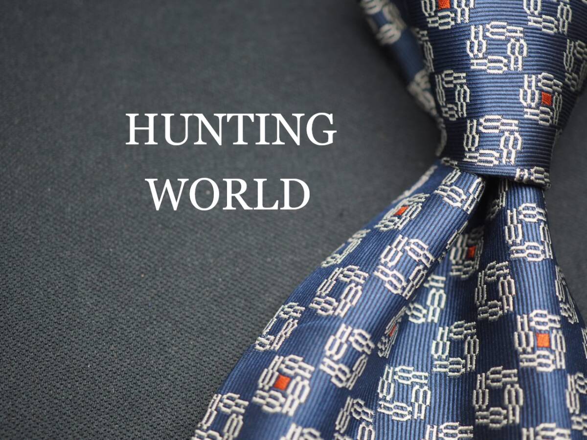 美品【HUNTING WORLD ハンティングワールド】 G1636 ネイビー系 SILK ブランド ネクタイ 古着 良品 転売 仕入拍卖