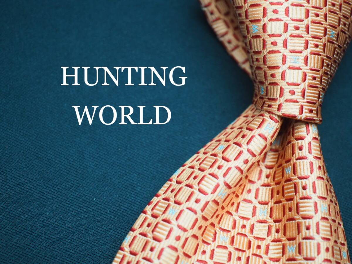 美品【HUNTING WORLD ハンティングワールド】 G1639 ロゴ オレンジ系 SILK ブランド ネクタイ 古着 良品 転売 仕入拍卖