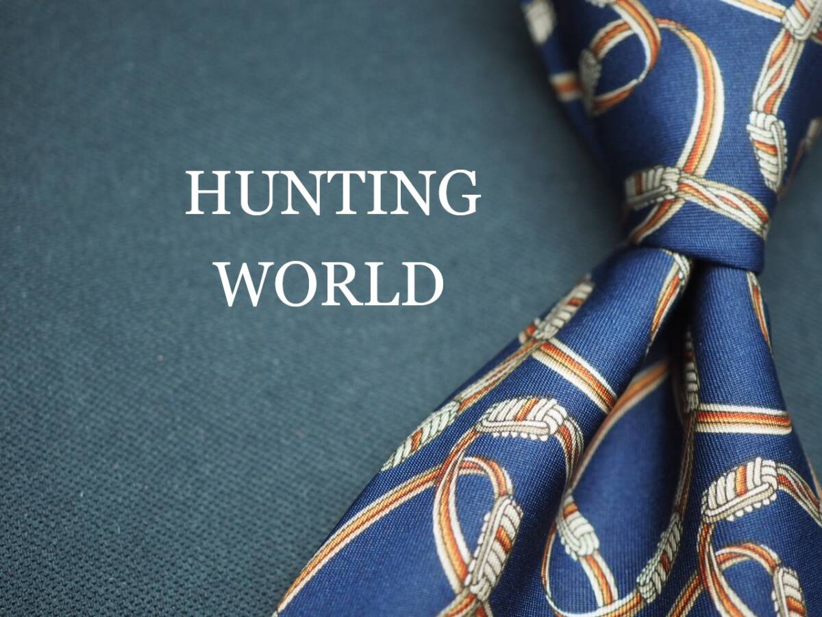 美品【HUNTING WORLD ハンティングワールド】 G1642 ネイビー系 SILK ブランド ネクタイ 古着 良品 転売 仕入拍卖