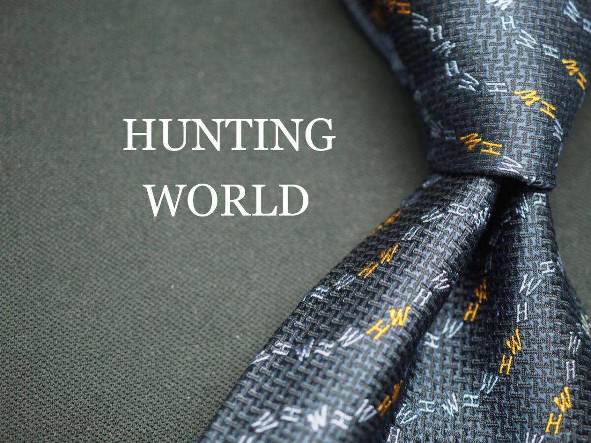 美品【HUNTING WORLD ハンティングワールド】 G1645 ロゴ ネイビー系 SILK ブランド ネクタイ 古着 良品 転売 仕入拍卖