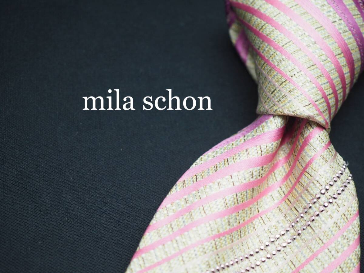 美品【Mila Schon ミラショーン】 G1824 ピンクパープル系 ラインストーン SILK ブランド ネクタイ 古着 良品 転売 仕入拍卖