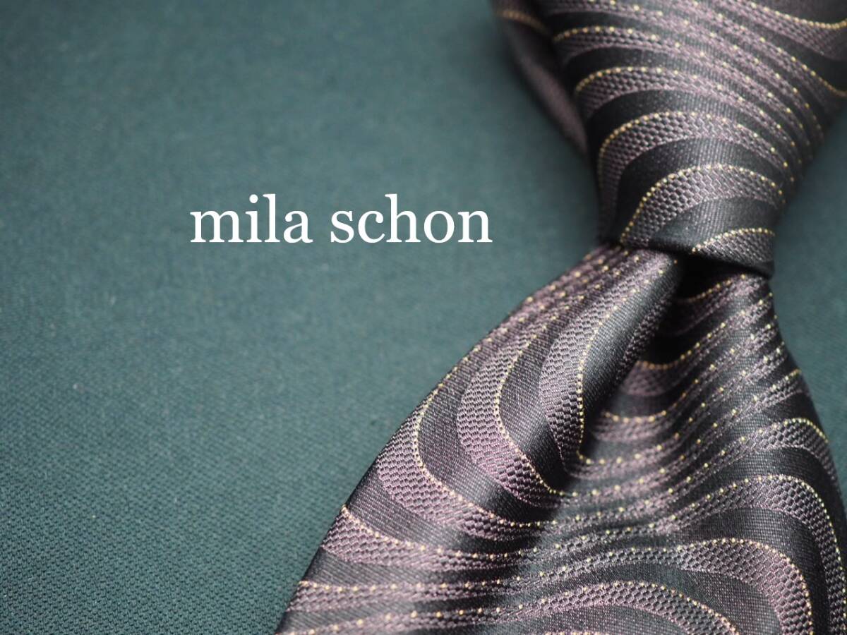 美品【Mila Schon ミラショーン】 G1845 ブラック ダークワイン系 SILK ブランド ネクタイ 古着 良品 転売 仕入拍卖