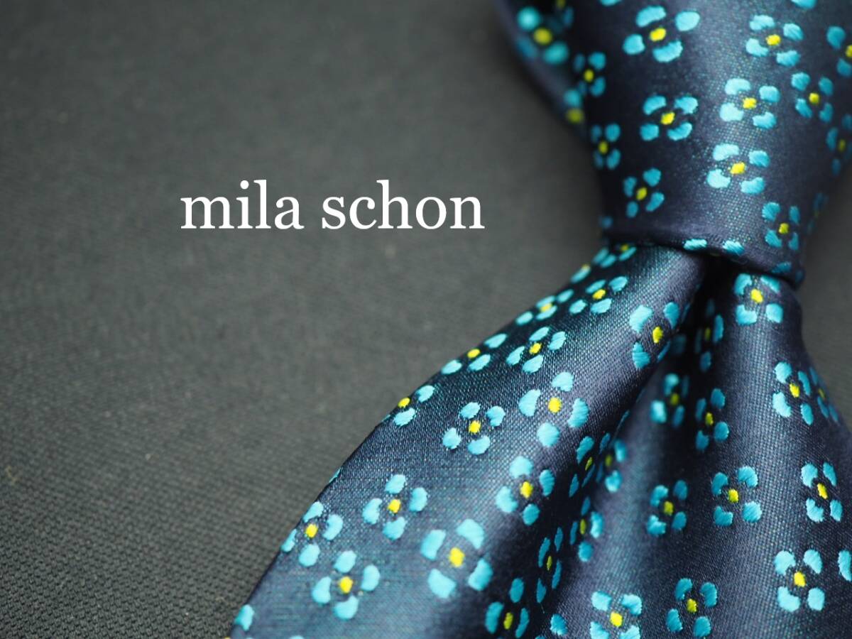 美品【Mila Schon ミラショーン】 G1849 ネイビーエメラルド系 SILK ブランド ネクタイ 古着 良品 転売 仕入拍卖