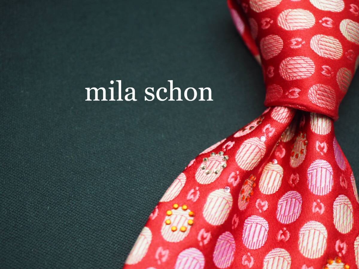 美品【Mila Schon ミラショーン】 G1851 赤系 ロゴ ラインストーン SILK ブランド ネクタイ 古着 良品 転売 仕入拍卖