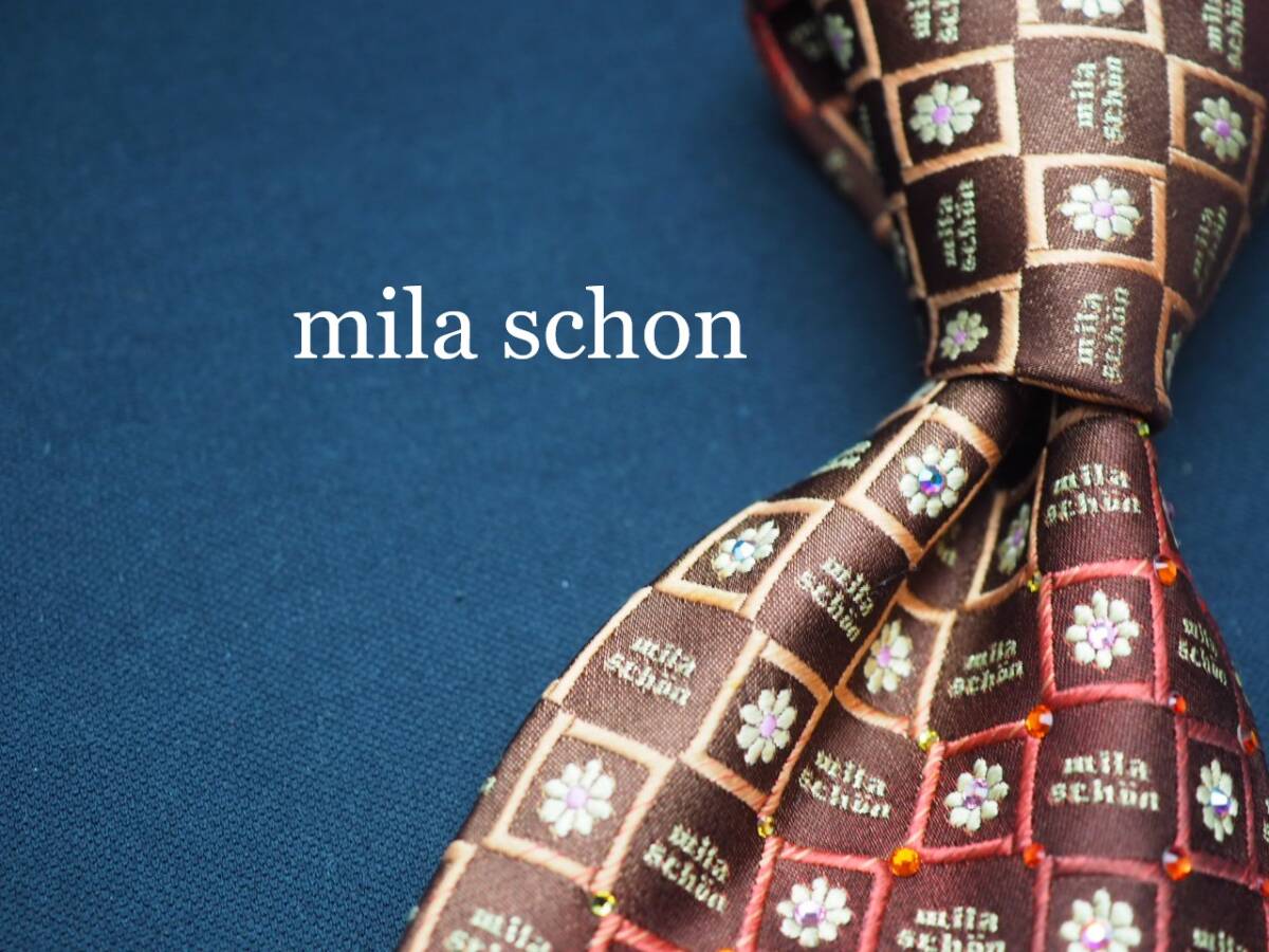 美品【Mila Schon ミラショーン】 G1854 ロゴ ブラウン ラインストーン SILK ブランド ネクタイ 古着 良品 転売 仕入拍卖