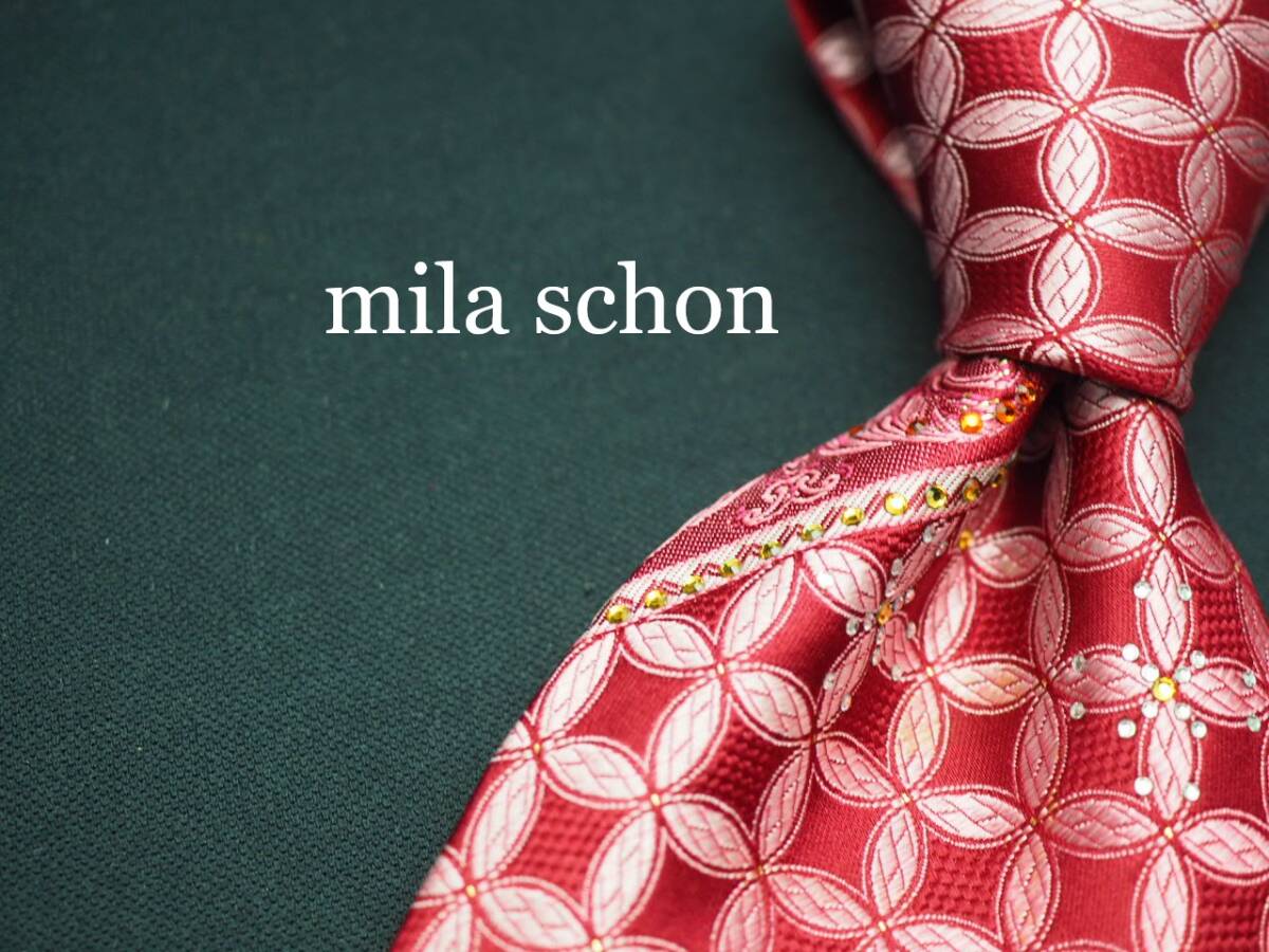 美品【Mila Schon ミラショーン】 G1857 赤ワイン系 ラインストーン SILK ブランド ネクタイ 古着 良品 転売 仕入拍卖