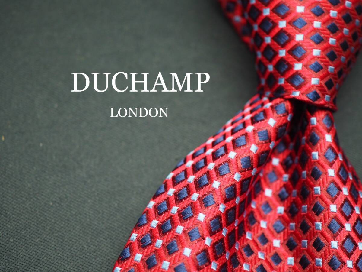 美品【DUCHAMP ドゥシャン】 G1893 英国製 赤ネイビー系 SILK ブランド ネクタイ 古着 良品 転売 仕入拍卖