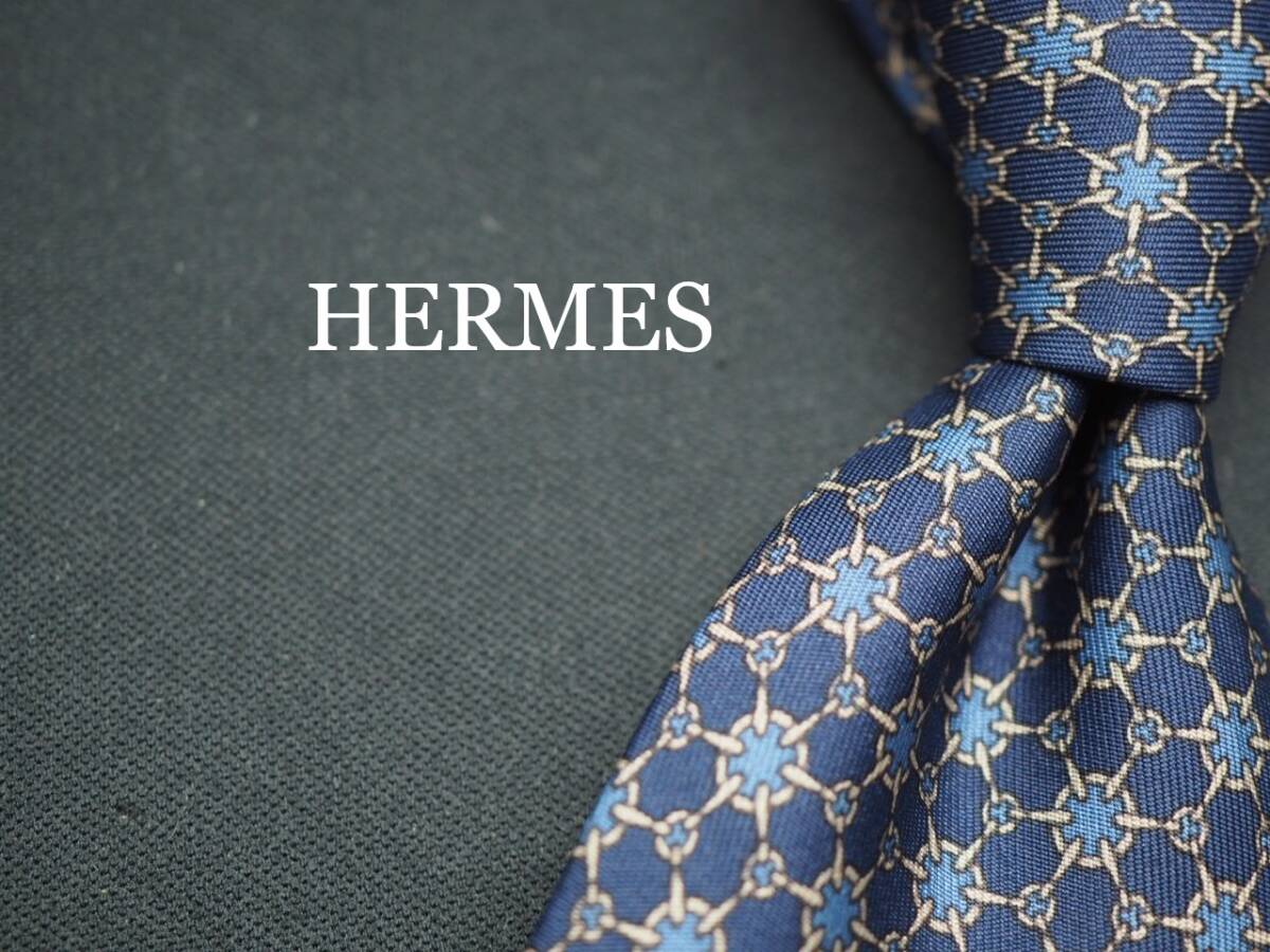 美品【HERMES エルメス】 G1937 ネイビー系 SILK ブランド ネクタイ 古着 良品 転売 仕入拍卖