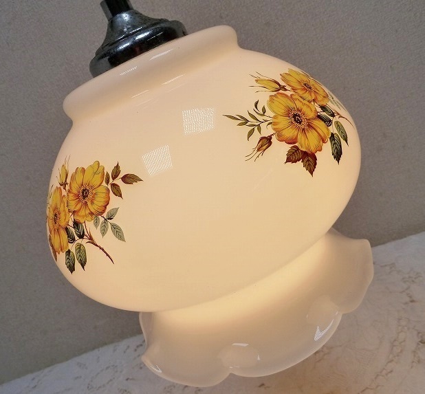 (☆BM)昭和レトロ National/ナショナル LK1838 松下電工 ペンダントライト シーリングライト 天井照明 ガラス 黄色い花柄 アンティーク拍卖