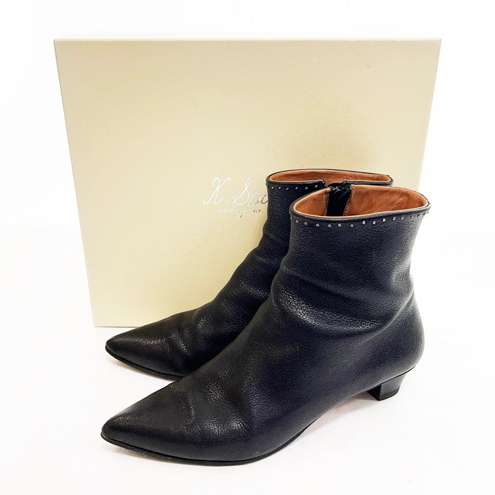 ◆美品 K.Spin ケースピン ポインテッドトウローヒールプレーンブーツ D83004 レディース37 23.5-24cm程度 ブラック スタッズ 5BC/94110拍卖