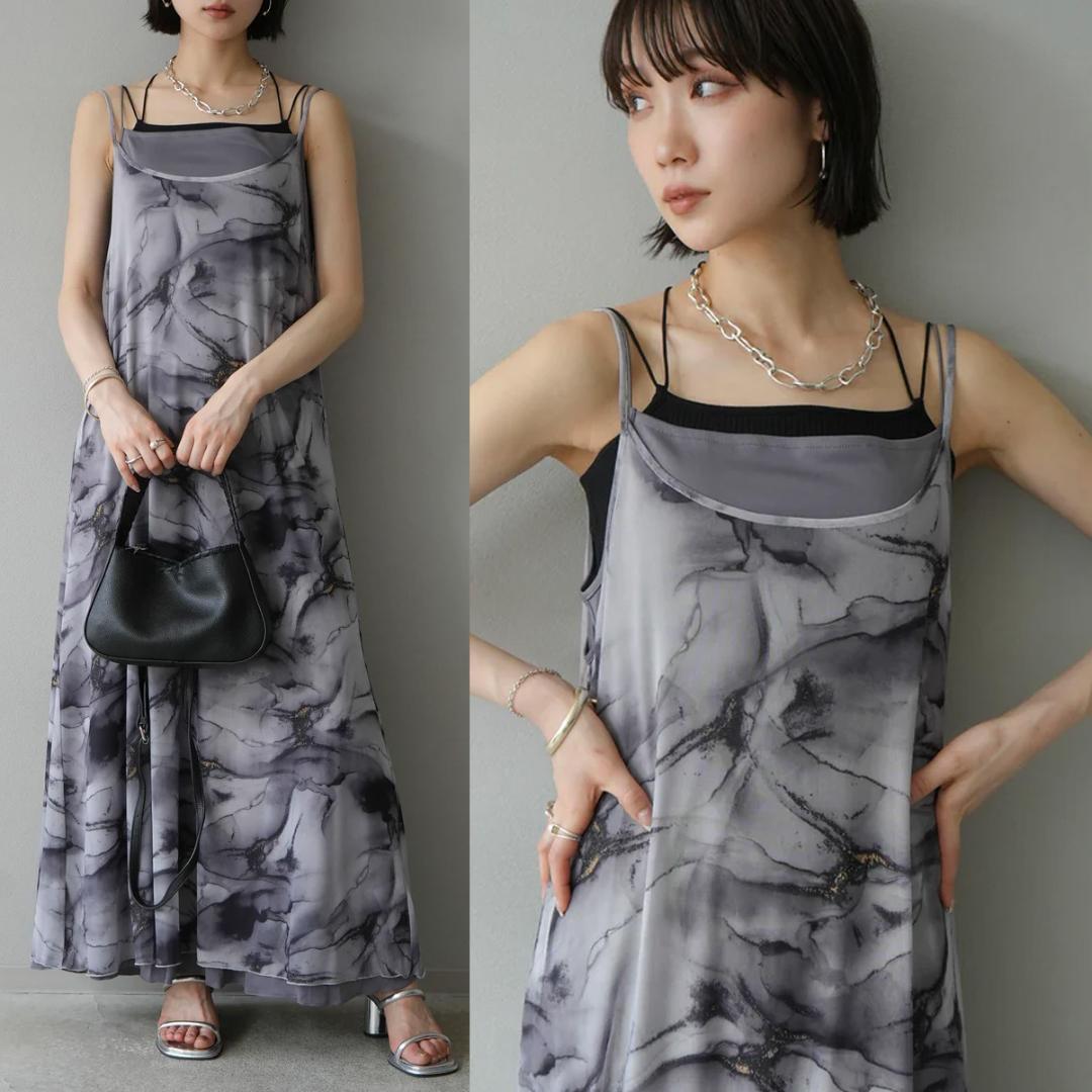 Lumier リュミエ ニュアンス柄チュールレイヤードキャミワンピース ブラック拍卖