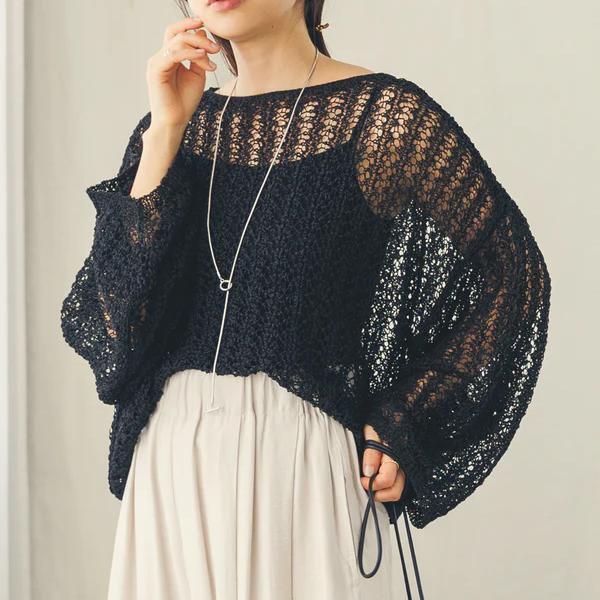 hunch ハンチ 透かし編みショートニット ブラック拍卖